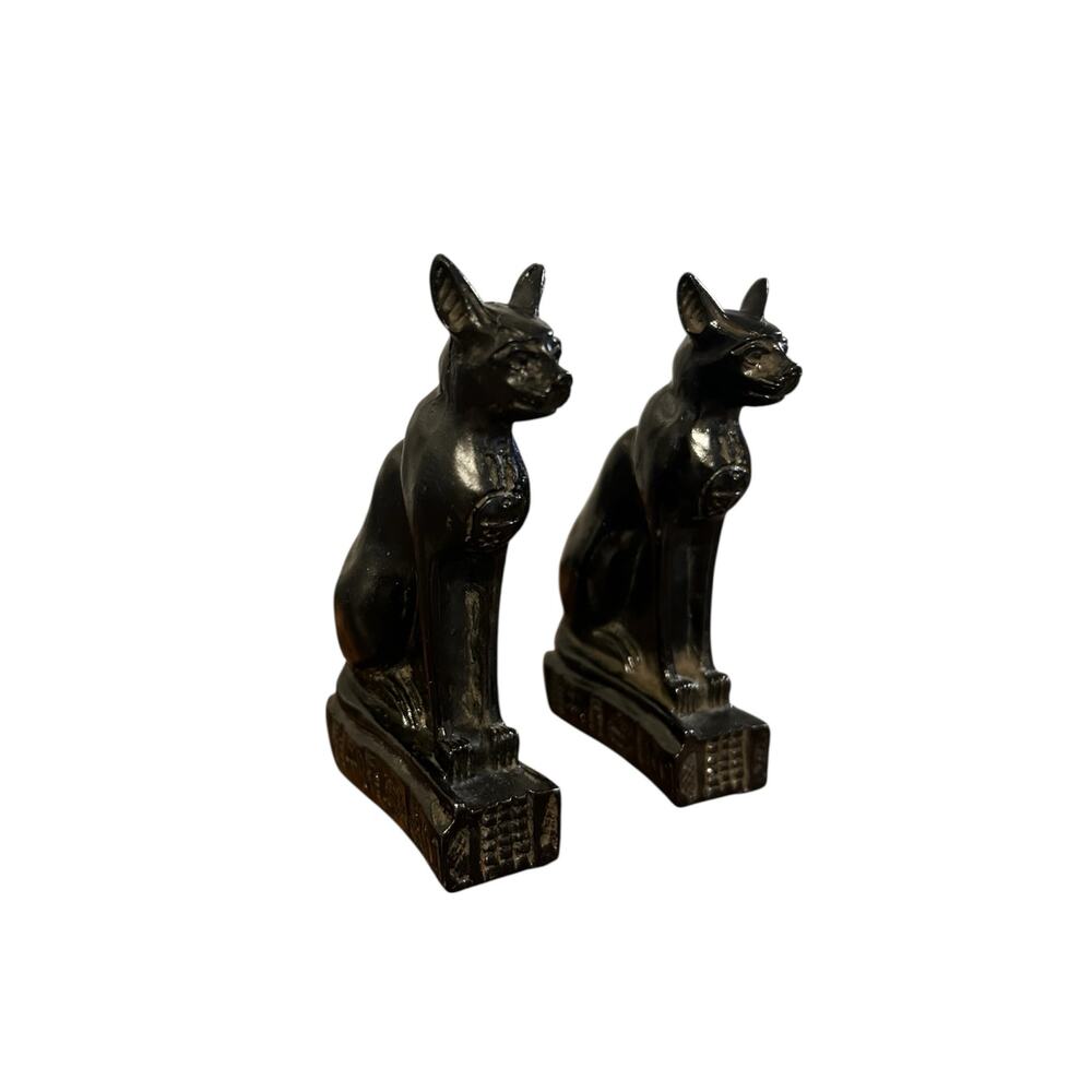 Pair Egyptian Bastet Cat Goddess Statues w/ Scarab Medallion Hieroglyph Base - Picture 2 of 7